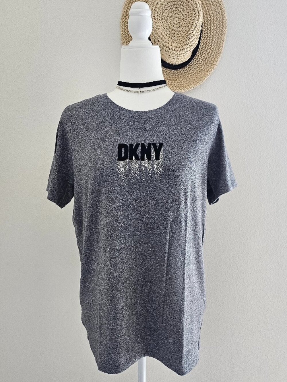 DKNY Sport Flocked Logo Rhinestone Tee Heather Gray M NWOT